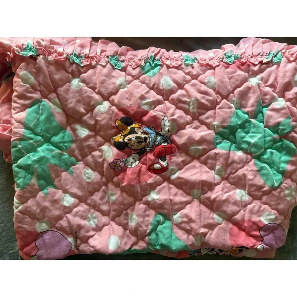 Vintage 90s Minnie Mouse Twin Bedspread Ruffle Coverlet Quilt Pink Polka Dot